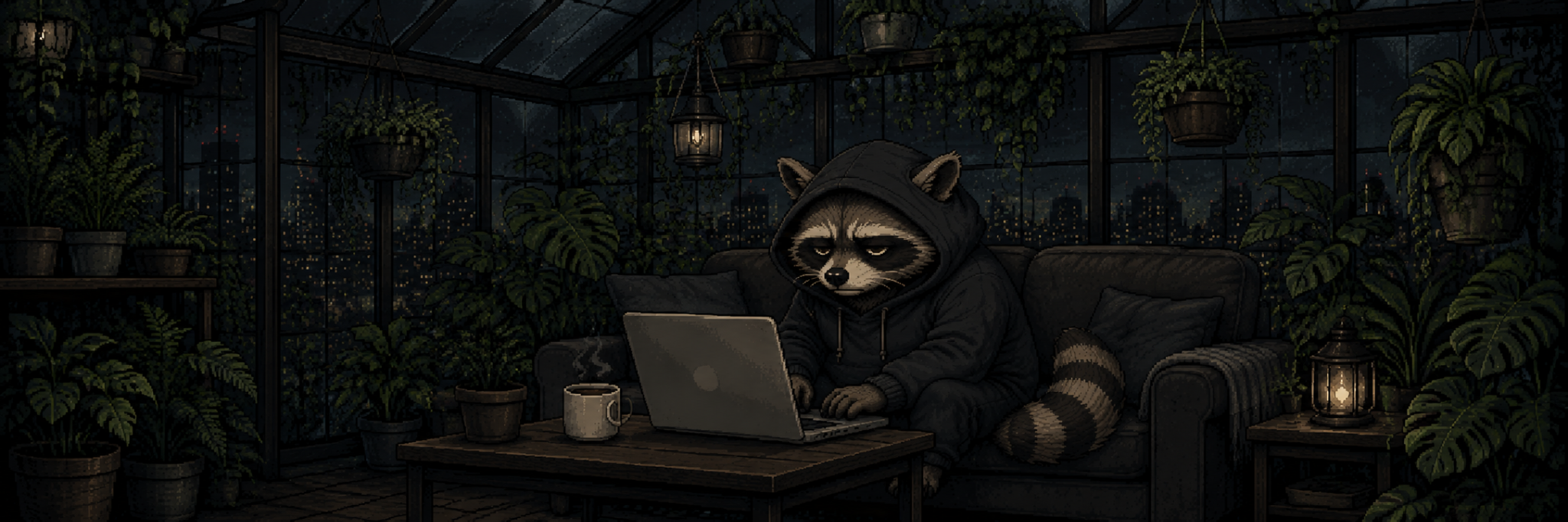 Mapache hacker sentado en un sofá con un MacBook abierto dentro de un invernadero nocturno con plantas y luces de ciudad